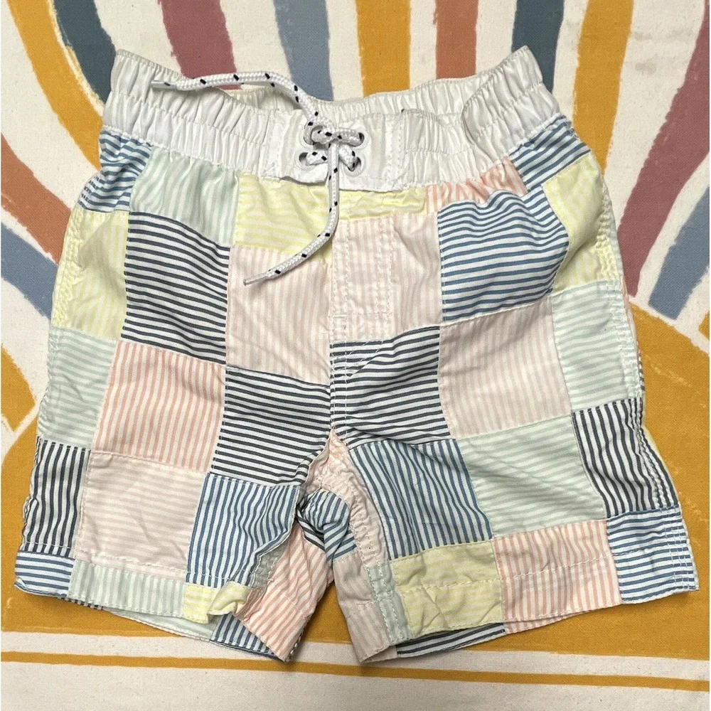 GAP Boys Swim Trunks Patchwork Stripe Multicolor 2T Lined Drawstring Back Pocket